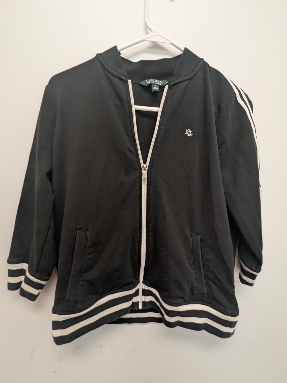 Lauren Ralph Lauren Black and White Striped Trim Track Jacket